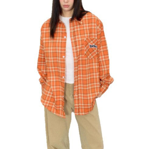 Orange Loose Embroidered Plaid Shirt Blouse for Women, Vintage Casual Shirt Jacket, Autumn