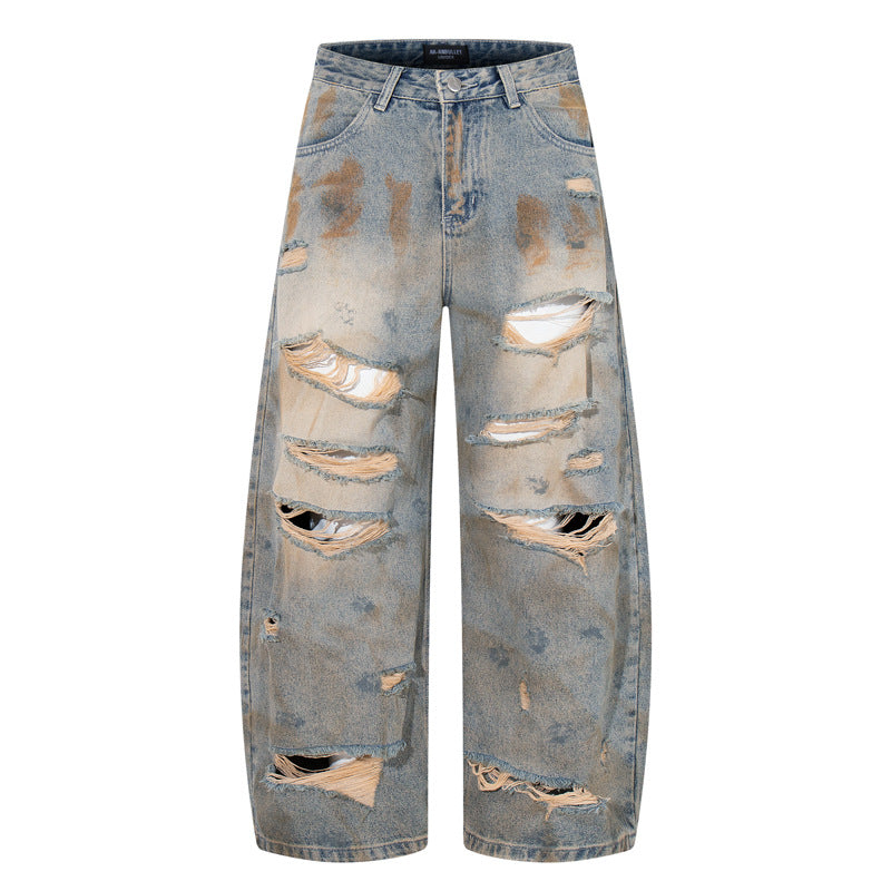 Style Casual Knife-Shape Pants Men Loose Straight Leg Distressed Autumn Fashion Vintage Ripped Jeans