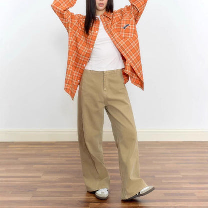Orange Loose Embroidered Plaid Shirt Blouse for Women, Vintage Casual Shirt Jacket, Autumn