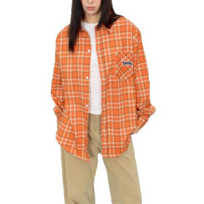 Orange Loose Embroidered Plaid Shirt Blouse for Women, Vintage Casual Shirt Jacket, Autumn