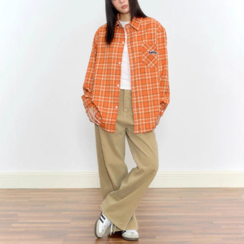 Orange Loose Embroidered Plaid Shirt Blouse for Women, Vintage Casual Shirt Jacket, Autumn