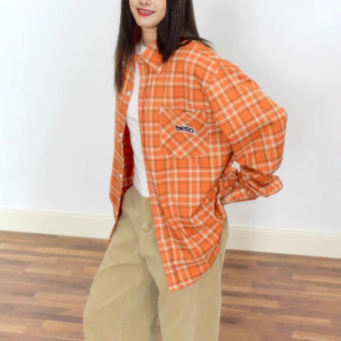 Orange Loose Embroidered Plaid Shirt Blouse for Women, Vintage Casual Shirt Jacket, Autumn