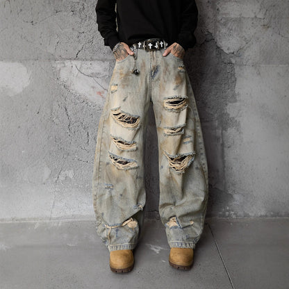 Style Casual Knife-Shape Pants Men Loose Straight Leg Distressed Autumn Fashion Vintage Ripped Jeans