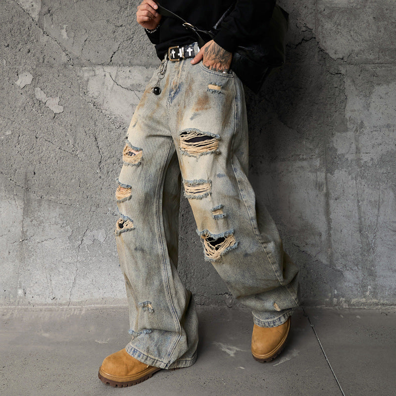 Style Casual Knife-Shape Pants Men Loose Straight Leg Distressed Autumn Fashion Vintage Ripped Jeans
