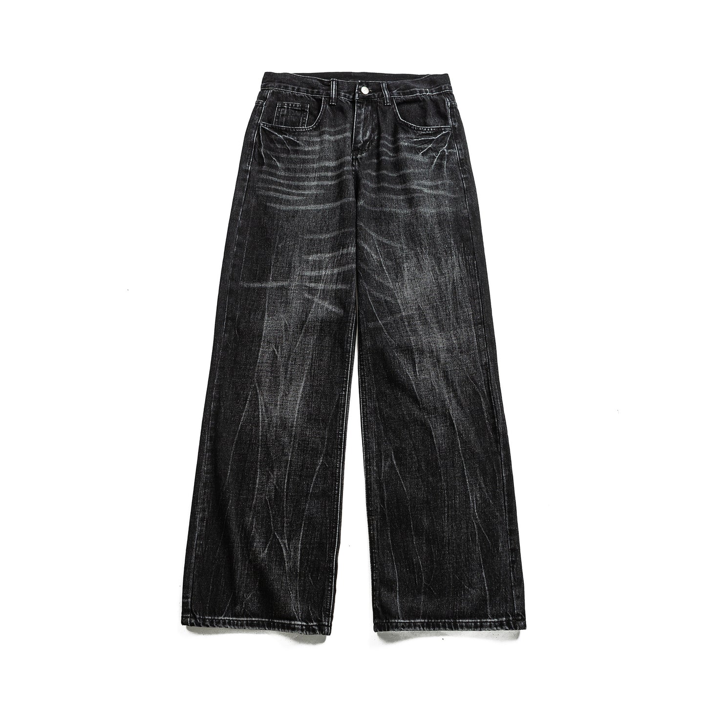 Lightning Crack Pattern Distressed Washed Denim High Waist Zipper Jeans