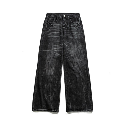 Lightning Crack Pattern Distressed Washed Denim High Waist Zipper Jeans