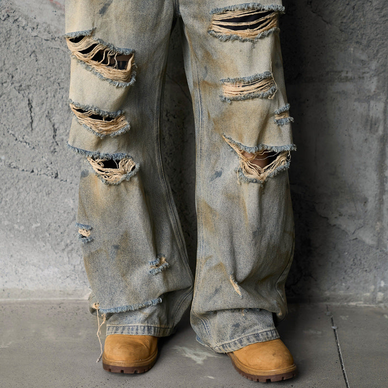 Style Casual Knife-Shape Pants Men Loose Straight Leg Distressed Autumn Fashion Vintage Ripped Jeans