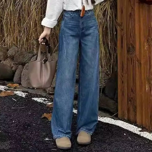 Vintage Washed Knife-Edge Jeans Women High Waist Slimming Loose Wide Leg Pants Casual Trousers Versatile