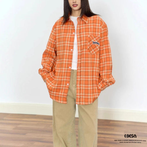 Orange Loose Embroidered Plaid Shirt Blouse for Women, Vintage Casual Shirt Jacket, Autumn