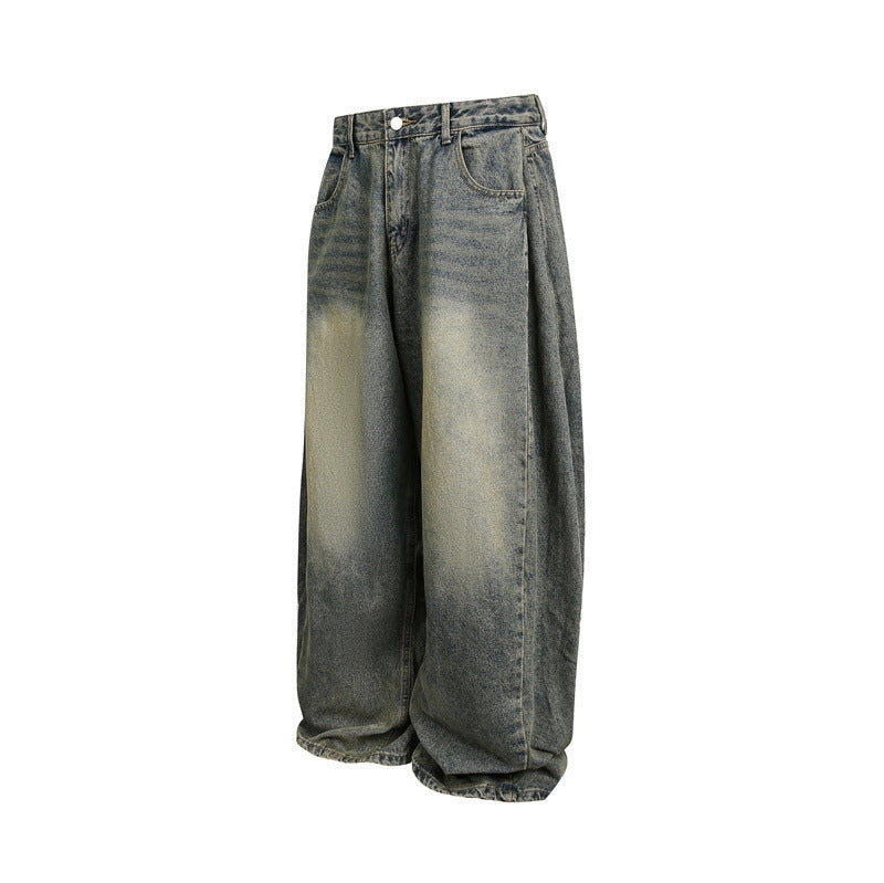 Washed Distressed Unisex Wide Leg Jeans Denim Material