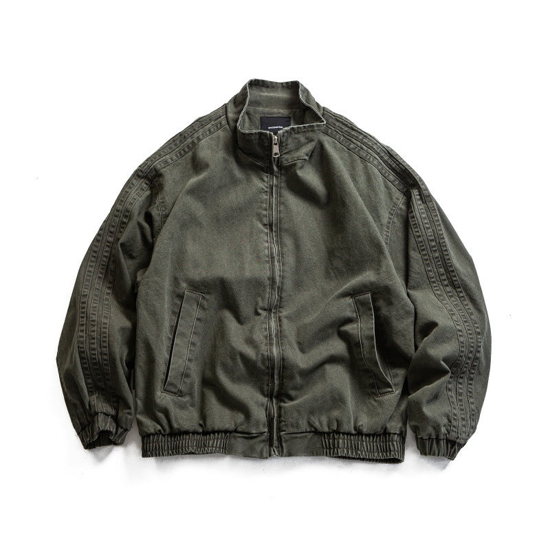 Distressed Side Stripe Design Unisex Loose Stand Collar Jacket