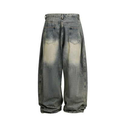Washed Distressed Unisex Wide Leg Jeans Denim Material