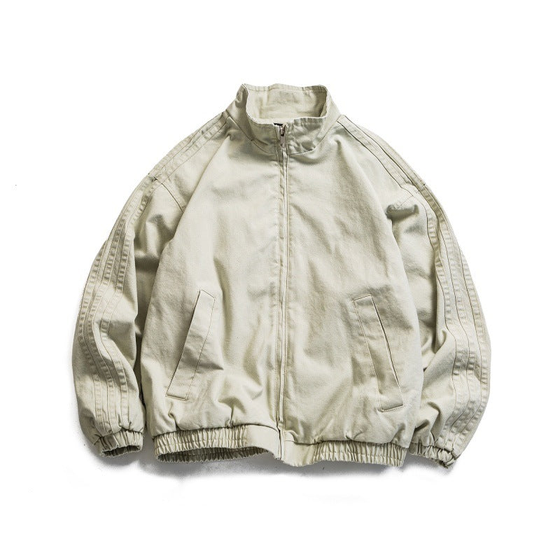 Distressed Side Stripe Design Unisex Loose Stand Collar Jacket