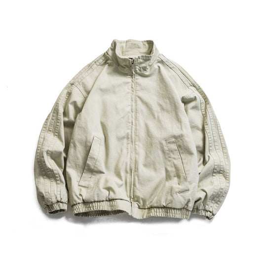 Distressed Side Stripe Design Unisex Loose Stand Collar Jacket