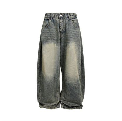 Washed Distressed Unisex Wide Leg Jeans Denim Material
