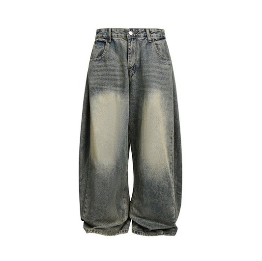 Washed Distressed Unisex Wide Leg Jeans Denim Material