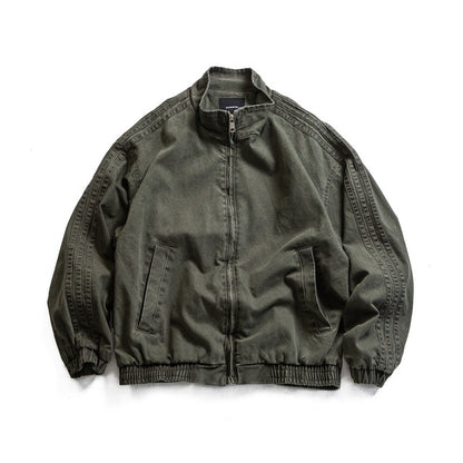 Distressed Side Stripe Design Unisex Loose Stand Collar Jacket