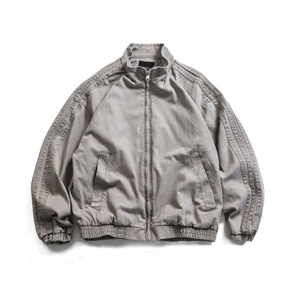 Distressed Side Stripe Design Unisex Loose Stand Collar Jacket
